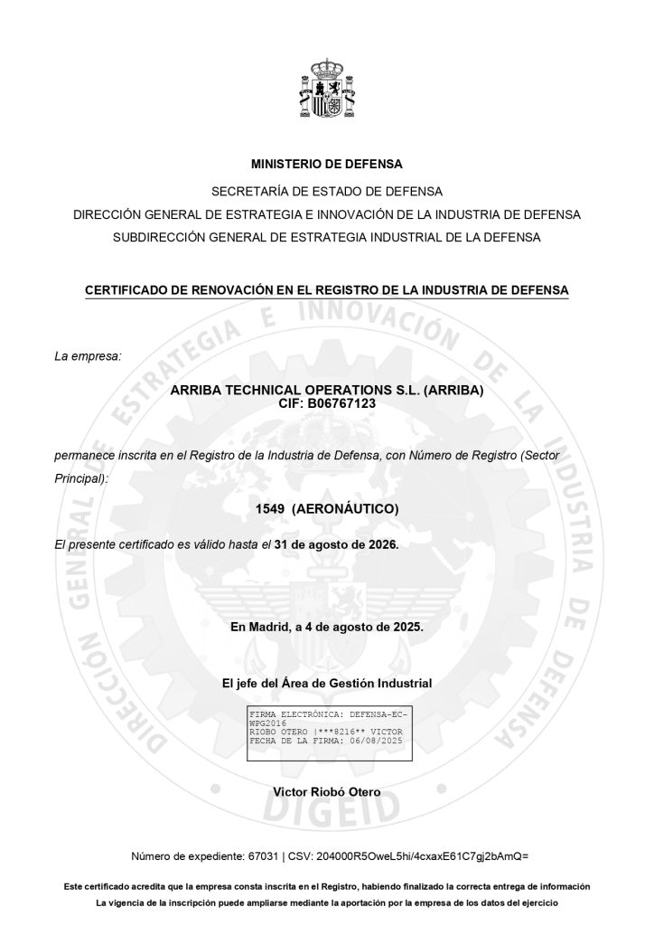 Certificado de renovación en el registro de la industria de defensa
